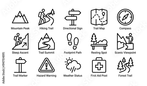 Hiking and trail icons set with compass, map, and signage