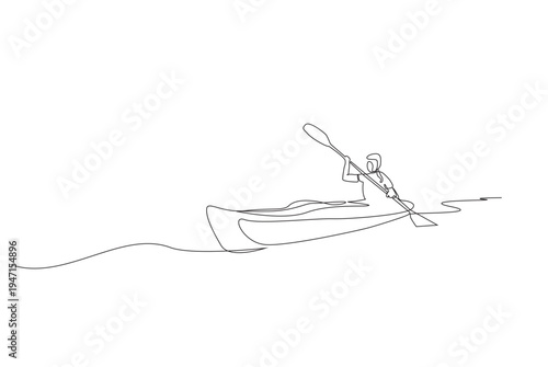 woman person sport kayak canoe boat sport water activity lifestyle one line art design vector