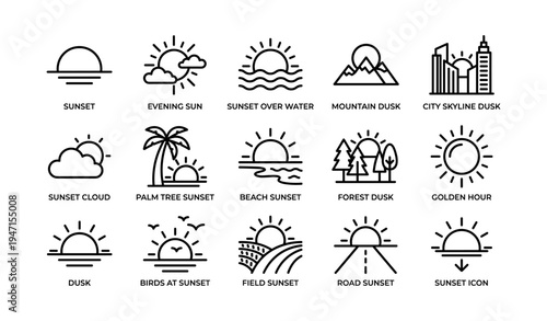 Minimalist sunset icons collection with mountains, palm trees, and city skylines
