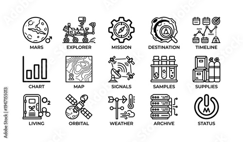 Mars mission overview with rover, exploration gear, and astronaut tools
