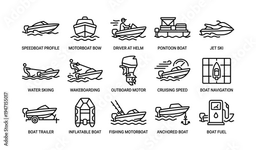 Collection of nautical vehicle icons: speedboat, pontoon, jet ski, and more