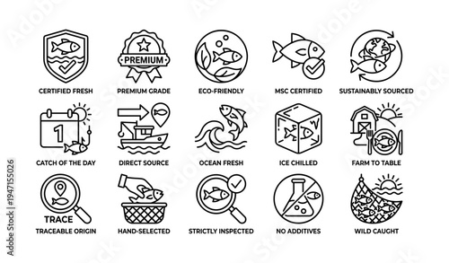 Sustainable seafood certifications and practices icons collection