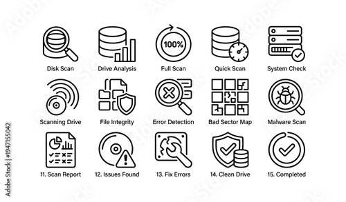 Disk utility icons set: scan, analysis, detection, protection, troubleshooting