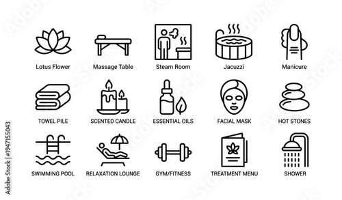Spa symbols collection featuring massage, steam, jacuzzi, manicure, and swimming pool icons