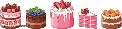 Delicious Cake Collection with Strawberries, Blueberries, Icing, and Drizzled Cream for Bakery, Dessert, and Sweet Treat Illustrations