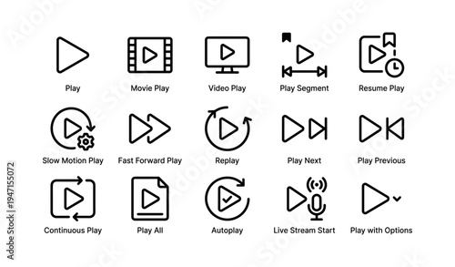 Media playback icons set with play, video, replay, and streaming symbols