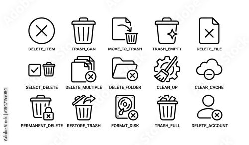 Delete and trash icons for file management and cleanup tasks