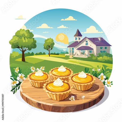 Delicious tarts arrangement on wooden board with sunny outdoor background