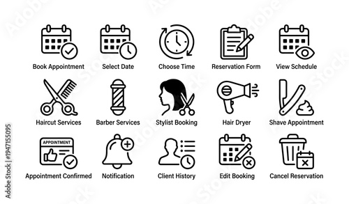 Appointment and salon service icons including calendar, barber, and hair styling