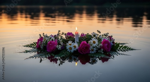 Flower wreath with burning candle floating on calm water surface at sunset. Traditional Midsummer celebration symbol. Romantic ritual for solstice, memorial service and spiritual peace.