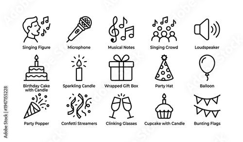Party and music celebration icons: singing, gifts, cake, and more