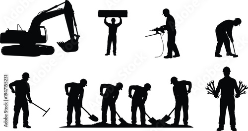 Construction worker silhouettes set, builder laborer excavator operator tools industrial work vector illustration collection