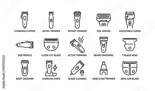 Icons of various electric grooming tools for hair and beard styling