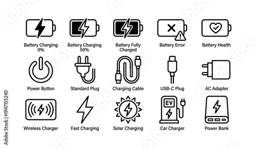 Icon set illustrating battery states and charging accessories