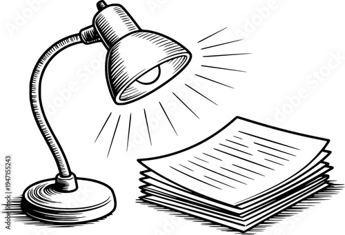 Black and white of a desk lamp illuminating a stack of papers light
