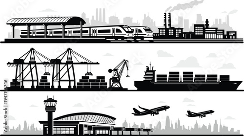 Transportation and logistics infrastructure silhouettes, train station seaport cargo ship airport airplane industrial city vector illustration