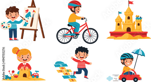 Cute Little Boy Playing Activities Cartoon Vector Set Featuring Painting Artist, Riding Bicycle, Building Sandcastle, Hopscotch Game, Toy Car Driving, and Playground Fun