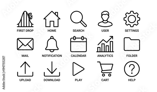 Minimalist black and white icon set with various functional symbols