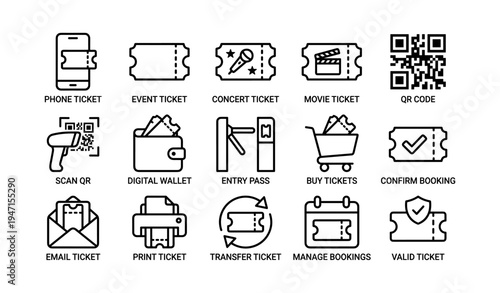 Icons for tickets and booking management featuring qr and digital wallet