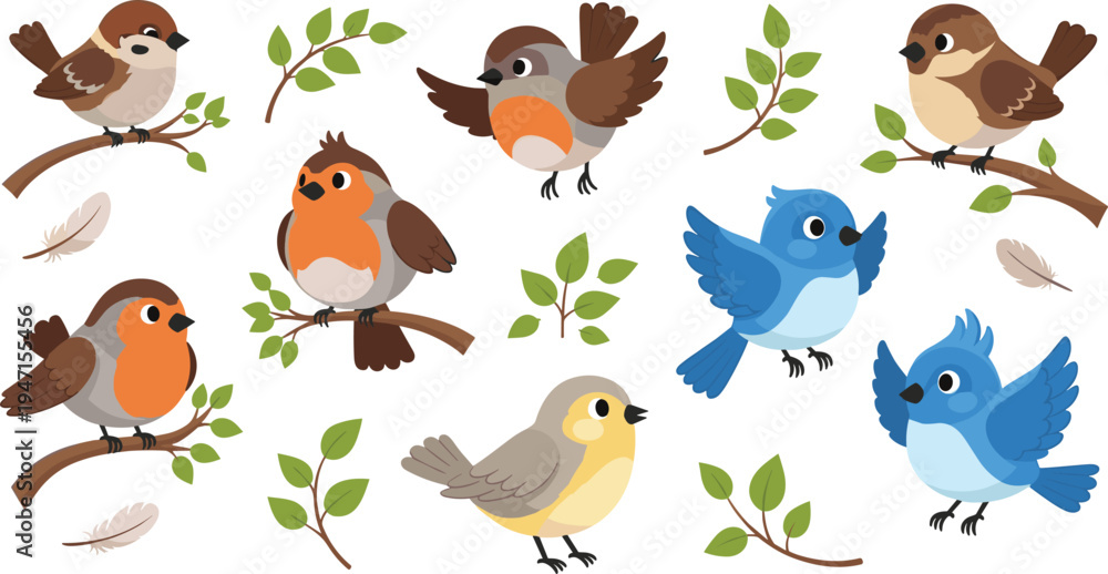 Naklejka premium Cute Birds on Branches with Leaves, Bluebirds and Sparrows for Nature, Woodland, and Children's Illustration Designs
