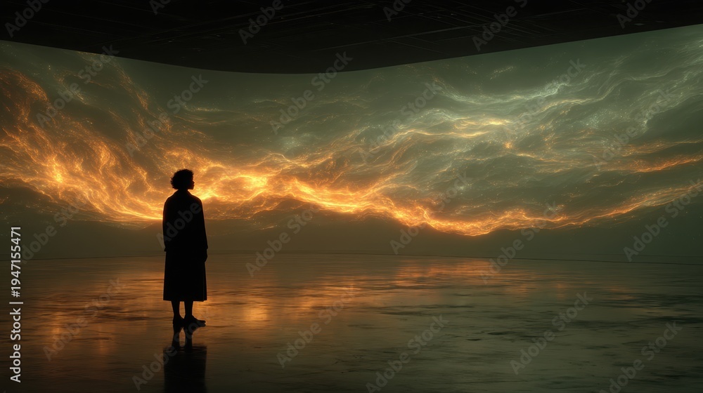 Fototapeta premium Silhouette Stand Before Dreamlike Sky; Visual Wonder and Contemplation