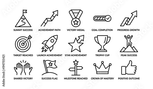 Achievement and success icon set featuring medals, trophies, and goal symbols