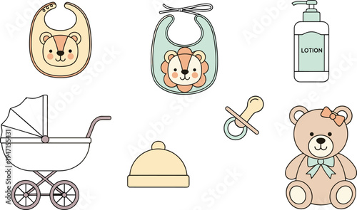 Cute Baby Care Icon Set Featuring Bib Baby Stroller Teddy Bear Pacifier Lotion Bottle Feeding Accessories and Nursery Essentials Vector Collection