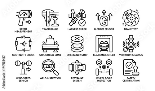 Industrial safety icons for inspection and testing: speed, force, and structural integrity