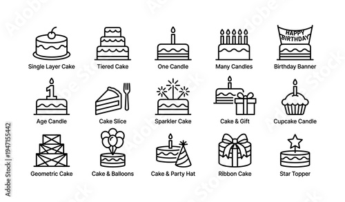 Variety of cake icons including layered, candles, and celebratory elements