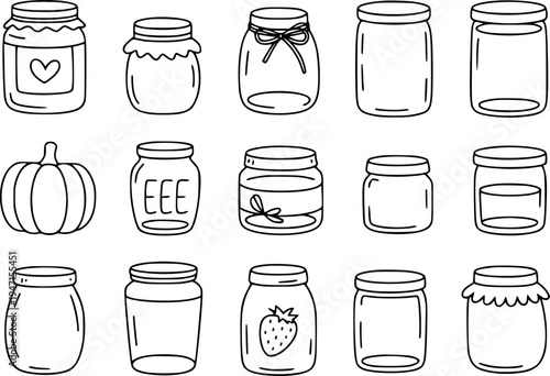 Collection of Hand Drawn Jars and a Pumpkin with Various Fillings and Decorations