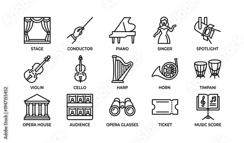 Musical instruments and opera icons: violin, harp, piano, and more