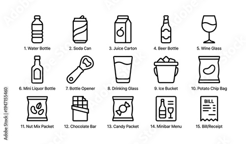 Assorted beverage and snack icons including bottles, cans, and packaging with opener and menu