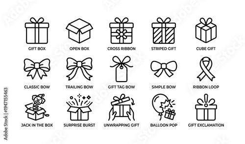 Collection of gift boxes and bows in various designs and styles