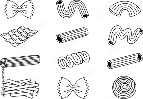 Collection of various Italian pasta shapes in a simple line style a white background