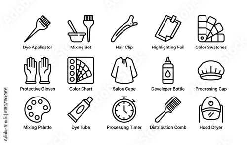 Hair coloring tools set icons: applicator, mixing, clips, gloves, cape, foil, swatches