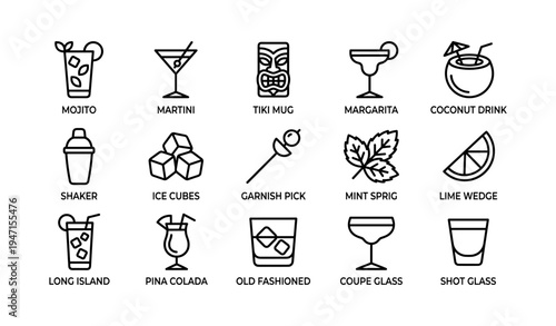 Cocktail icon set featuring mojito, martini, margarita, and tiki mug designs