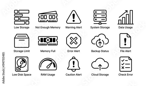 Data and storage alert icons for system management and backup