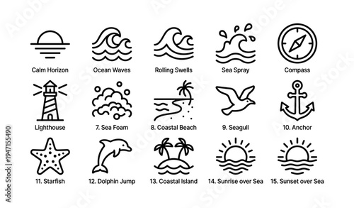 Nautical icon set featuring waves, beach, sea life, and navigation elements