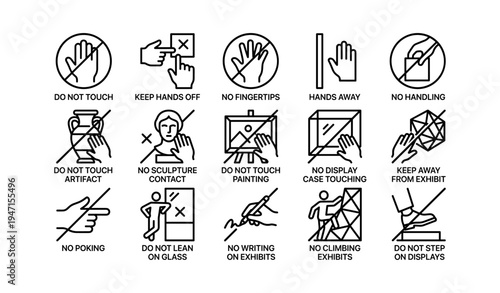 Museum exhibit safety signs: no touching or handling guidelines in line art