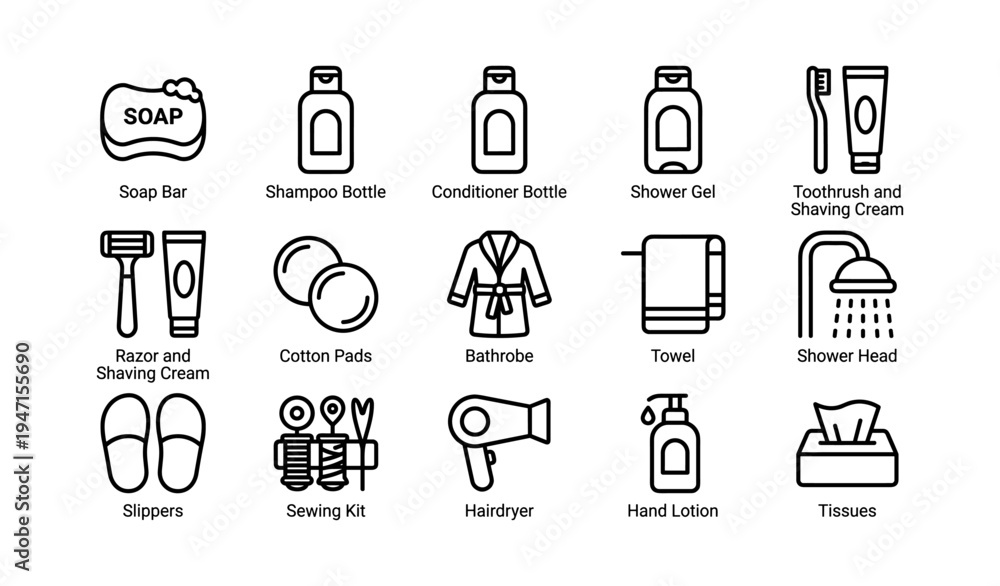 Fototapeta premium Bathroom essentials outline icons set including soap, shampoo, bathrobe, slippers, towel