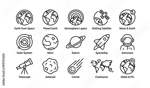 Space exploration icons including planets, satellites, and astronauts