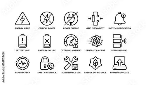 Energy management icons for power alerts and system notifications
