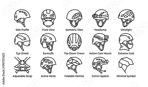 Diverse helmet designs and components featuring multiple views and functions