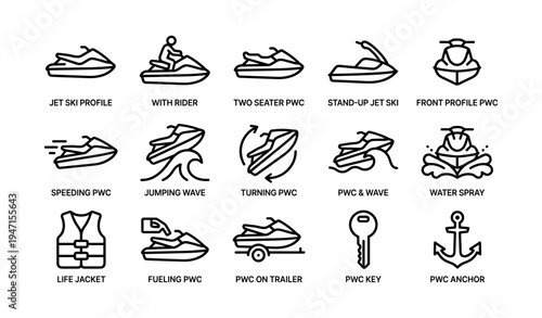 Jet ski icons: profiles, riders, waves, safety gear, accessories