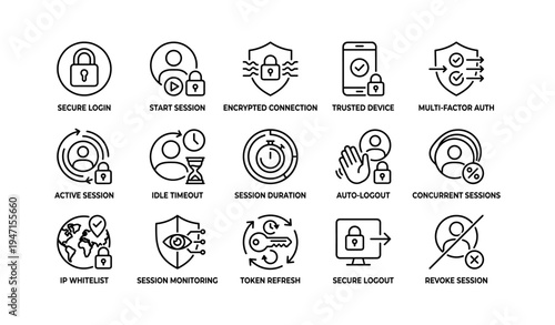 Secure login and session icons for digital authentication and cybersecurity