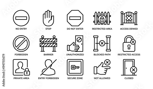 Security and access restriction icons set featuring various warning symbols