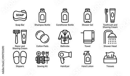 Bathroom essentials outline icons set including soap, shampoo, bathrobe, slippers, towel