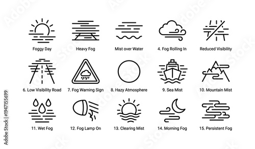 Minimalist fog and weather icons collection in black and white design