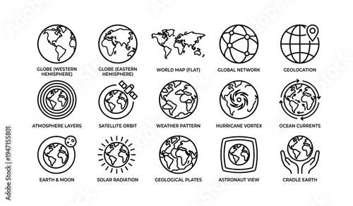 Global symbols and icons representing earth and space concepts