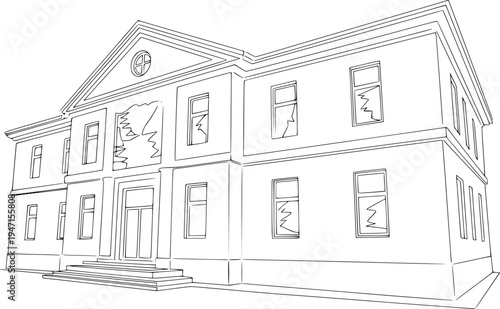 Outline of a damaged neoclassical building with broken windows and a triangular pediment